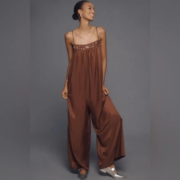 ✨ Anthropologie Beaded Wide-Leg Jumpsuit Sz L - Picture 1 of 6